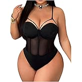 WDIRARA Women's Plus Size Mesh Sheer Bustier Cami Bodysuit Sleeveless Corset Bodysuit
