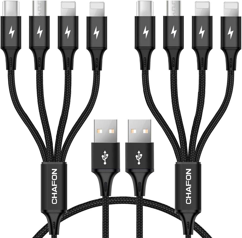 CHAFON Multi Charger Cable Short,4 in 1 USB Charging Cord Nylon Adapter with Dual Phone,USB C,Micro Connectors Compatible with LG, Galaxy,Sony Xperia,Android Tablets,Black(1FT,2Pack)
