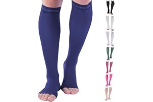 Doc Miller Open Toe Compression Socks, 20-30 mmHg, Toeless, Support Circulation, Shin Splints, Calf Recovery, Post Op, Knee High, Medical Grade, Dark Blue Socks, Large Size for Tall Men & Women, Pair