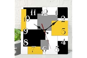 ArtSocket Wooden Wall Clock Silent Non-Ticking, Yellow Black Grey Abstract Geometric Minimalist Checkered Square Rustic Wall Clocks Decor for Home Kitchen Living Room Office(12 Inch)