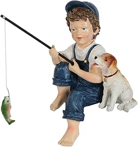 Lily’s Home Fishing Little Boy with Dog. Mini Outdoor Yard Figurine 11 Inch