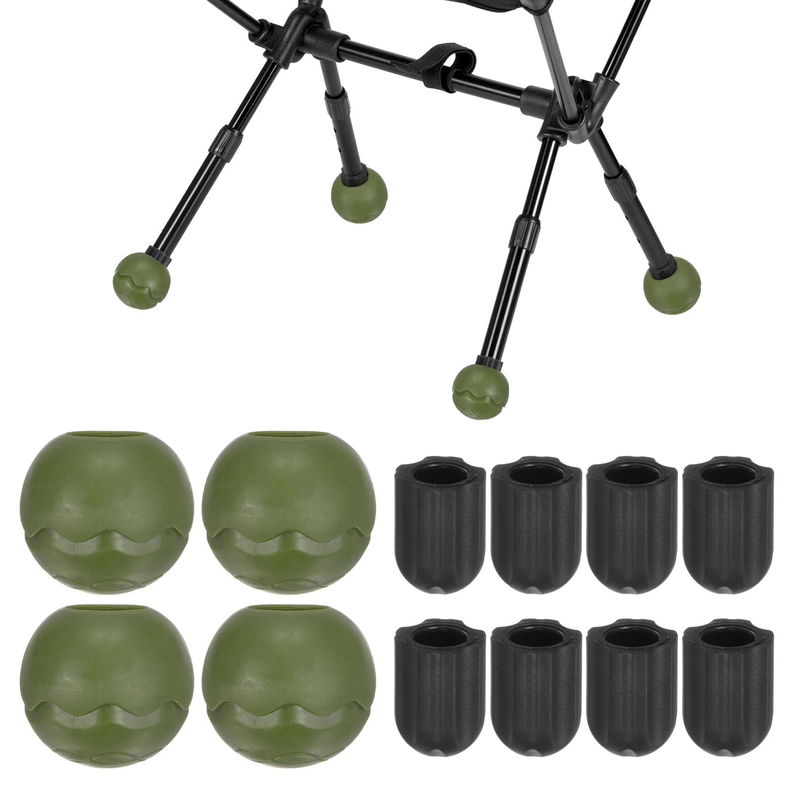 M METERXITY 4-Pack Camping Chair Stabilizing Rubber Ball Feet, Leg Protector W 8pcs 13mm Foot Cover for Portable Camping Chair, Help Stability on Rugged and Uneven Surfaces [Jungle Green]