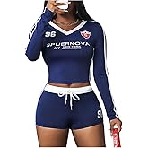 MakeMeChic Women's 2 Piece Outfit Printed Long Sleeve V Neck Jersey Crop Top and Shorts Matching Set