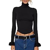 Naileksi Women Y2k Turtleneck Rib Knit Top Long Sleeve Slim Fit Ruffled Cuffs Blouse Shirt Fall Aesthetic Going Out Top