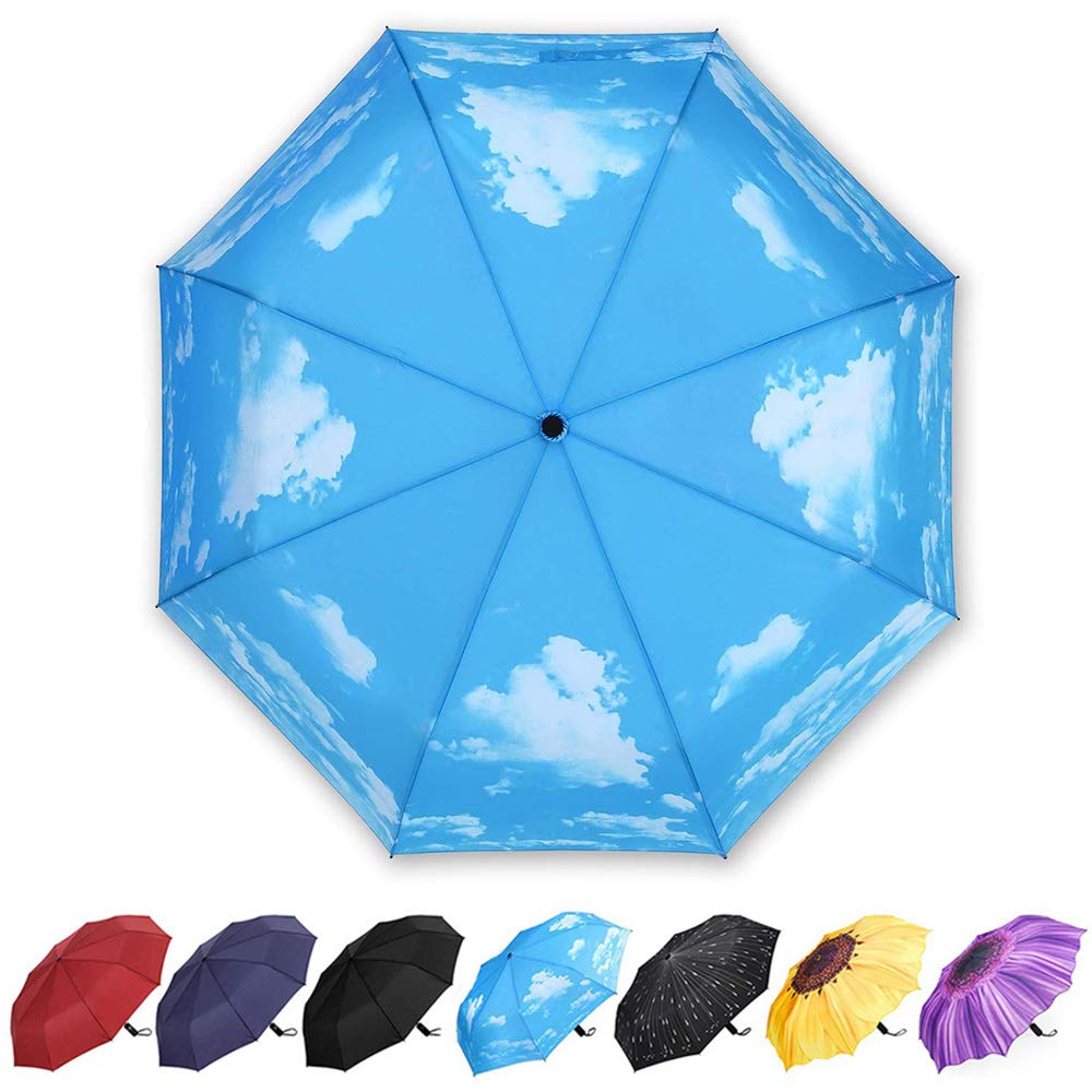 YumSur Compact Automatic Travel Umbrella, Windproof Folding Umbrella with Printed Raindrops Design, Auto Open Close and Upgraded Comfort Handle, for Men and Women