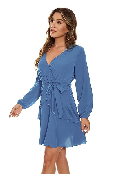 UGUEST WOMEN LONG SLEEVE V NECK DRESS, SOLID MINI SWING PARTY WEDDING DRESS WITH BELT, BLUE 3XL
