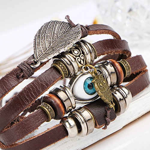 Aoruisier Mens Mixed Bracelets Adjustable Handmade Multi Strand Braided Owl Bracelets Woven Leather Wristbands