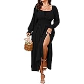 SHESTARR Women's Plus Size Dress Long Sleeve Smocked Dress Square Neck Tie Front Split A-Line Maxi Long Dresses