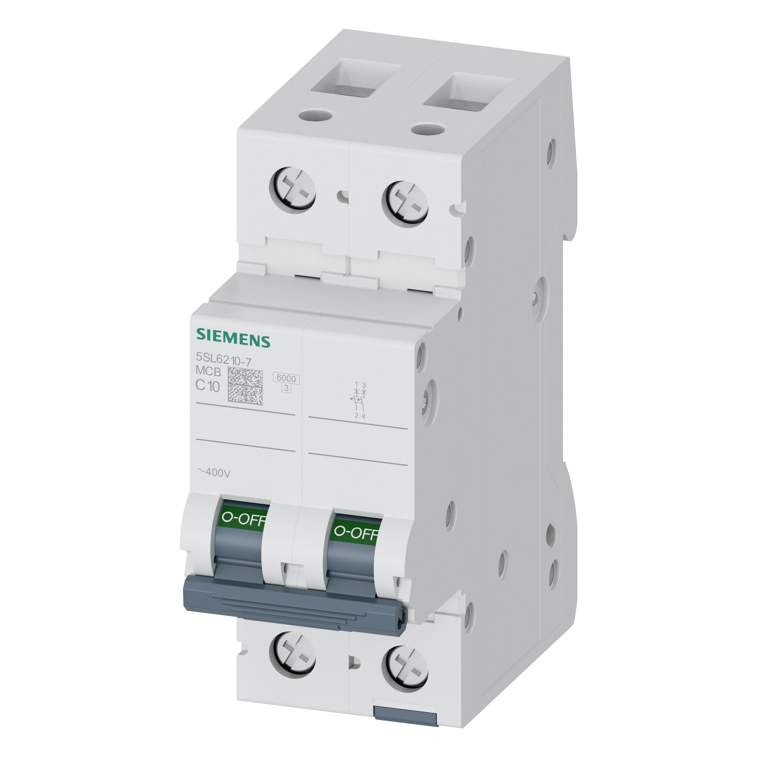 Siemens 5SL6210-7 Circuit Breaker 400V 6KA, 2POLE, C, 10A, White