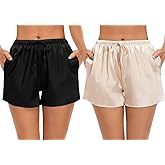 SWOMOG Women's Silk Stain Pajama Shorts Pj Bottoms with Pockets Drawstring Sleep Shorts Boxer Soft Lounge Shorts