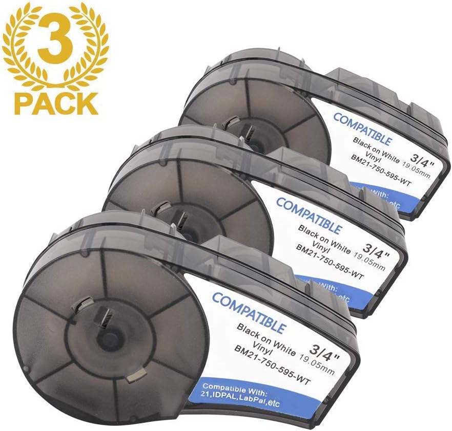 Anycolor Compatible Label Tape Replacement for M21-750-595-WT 3/4 Inch Vinyl Label Tape Work with BMP21-PLUS, BMP21-LAB, IDPAL and LABPAL, Black on White, 0.75 Inch x 21 Feet, 3-Pack