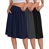 Ficerd 3 Pack Women's Knee Length Casual Skirts with Pockets, Flared High Waisted Midi Pleated Flowy a Line Summer Skirts