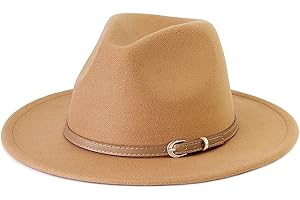 LolliWeaver Women Fashion Flat Wide Brim Teardrop Crown Felt Fedora Hat with Hat Belt