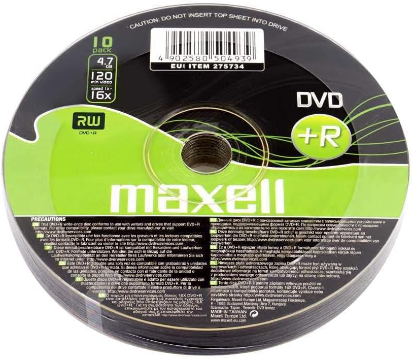 Maxell DVD+R 16x Recordable Discs 4.7GB Blank Media 10 Pack Shrink Wrapped