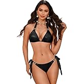 EHSUYAB Womens Sexy Triangle Metallic Bikini Set, Crystal Rhinestone Headband Halter Swimsuit, Cheeky Tie Ruched Bathing Suit