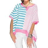 Tankaneo Womens Oversized T Shirts Summer Short Sleeve Striped Color Block Loose Fit Tops 2025 Trendy Clothes