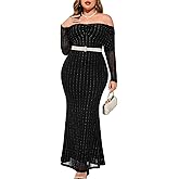 CYCLAMEN Plus Size Off The Shoulder Sparkly Dress Long Sleeve Mermaid Maxi Evening Gown Cocktail Party Wedding Guest