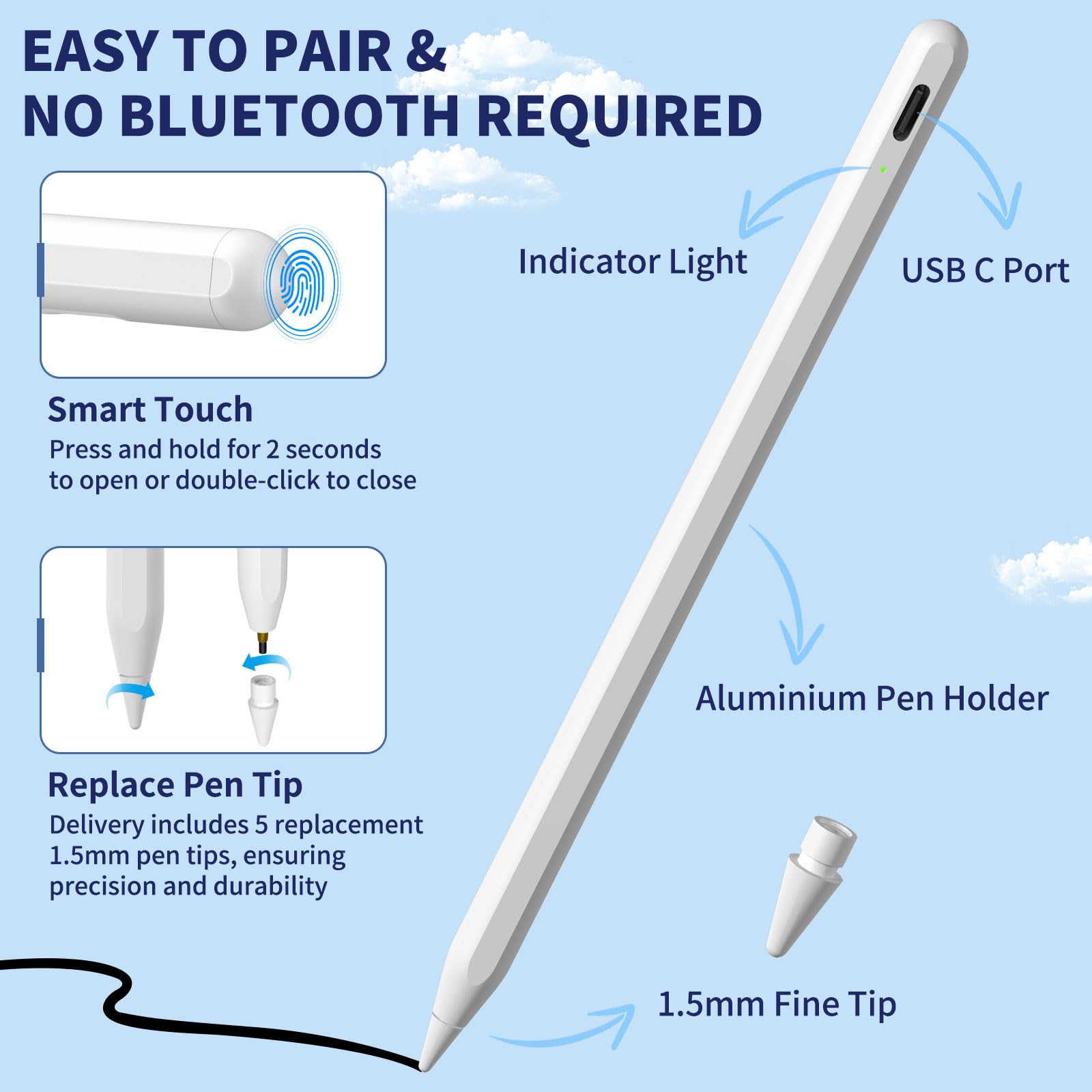 iPad Apple Pencil 9th&10th Generation, Fast Charge Stylus Pen for Palm Rejection and Tilt Sensitivity, Compatible with iPad Pro 11/12.9in, Mini 5/6, iPad 6/7/8/9/10, Air 3/4/5 (White)