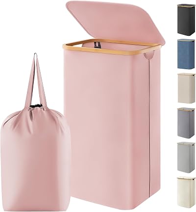 Lifewit 100L Laundry Basket with Lid Pink Bamboo Handles Removable Inner Bag