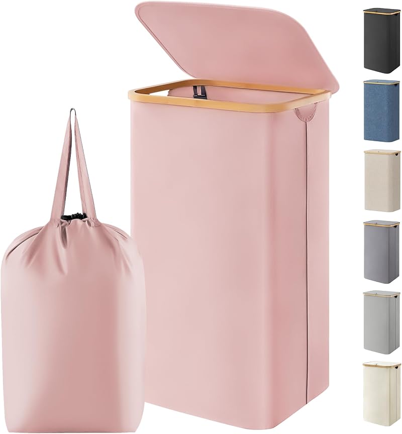 Lifewit 100L Laundry Basket with Lid Pink Bamboo Handles Removable Inner Bag