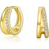 925 Sterling Silver Double Hoop Earrings for Women, 18K Gold Plated Small Huggie Hoops with Cubic Zirconia, Hypoallergenic Dainty Cartilage Earrings for Sensitive Ears