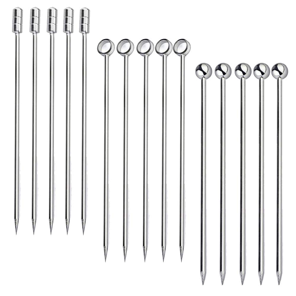 Pack of 15 Stainless Steel Cocktail Picks, Fruit Sticks, 3 Shapes Cocktail Picks, for Cocktail Party or Barbecue Snacks, Club Sandwiches