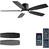 Ayaoty Ceiling Fans with Lights, 52 inch Low Profile Ceiling Fan with Light and Remote Control, Flush Mount, Reversible Motor, Dimmable, Noiseless, Black Ceiling Fan for Bedroom, Indoor/Outdoor Use