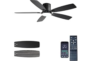 Ayaoty Ceiling Fans with Lights, 52 inch Low Profile Ceiling Fan with Light and Remote Control, Flush Mount, Reversible Motor, Dimmable, Noiseless, Black Ceiling Fan for Bedroom, Indoor/Outdoor Use