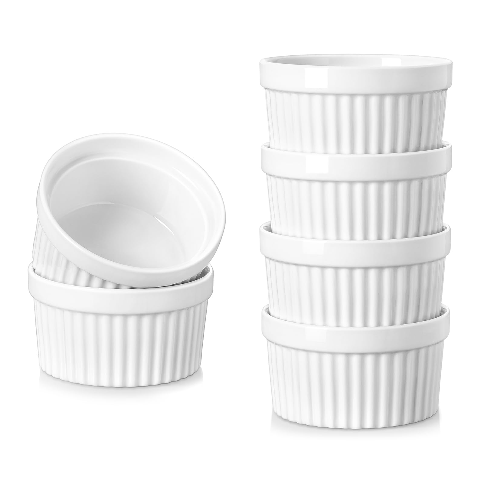 vancasso 4 oz Ramekins, Souffle Dishes Set of 6, White Porcelain Creme Brulee Ramekins, Baking Cups for Pudding, Fruits, Dips, Dishwasher and Oven Safe