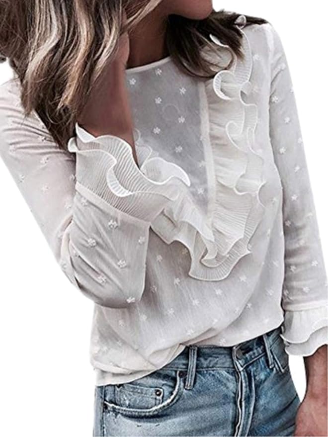 GRACE KARIN Damen Business Bluse Mit Spitzenärmeln - V-Ausschnitt Langarm Blusenshirt Für Büro & Abend