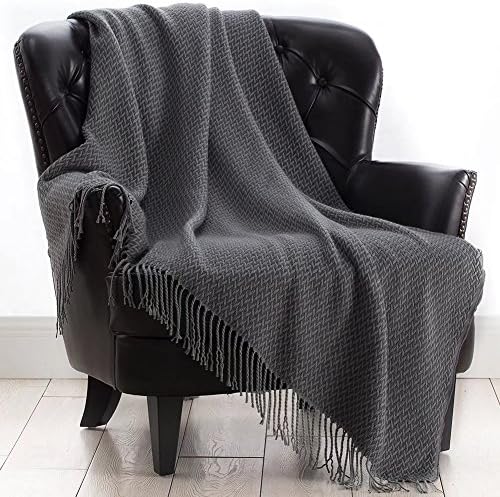 Knitted Throw Blanket with Tassels Decorative Chenille Woven Blankets for Sofa Couch Super Soft Warm Fringe Knit Throws by VVFamily, Steel Grey 50x60