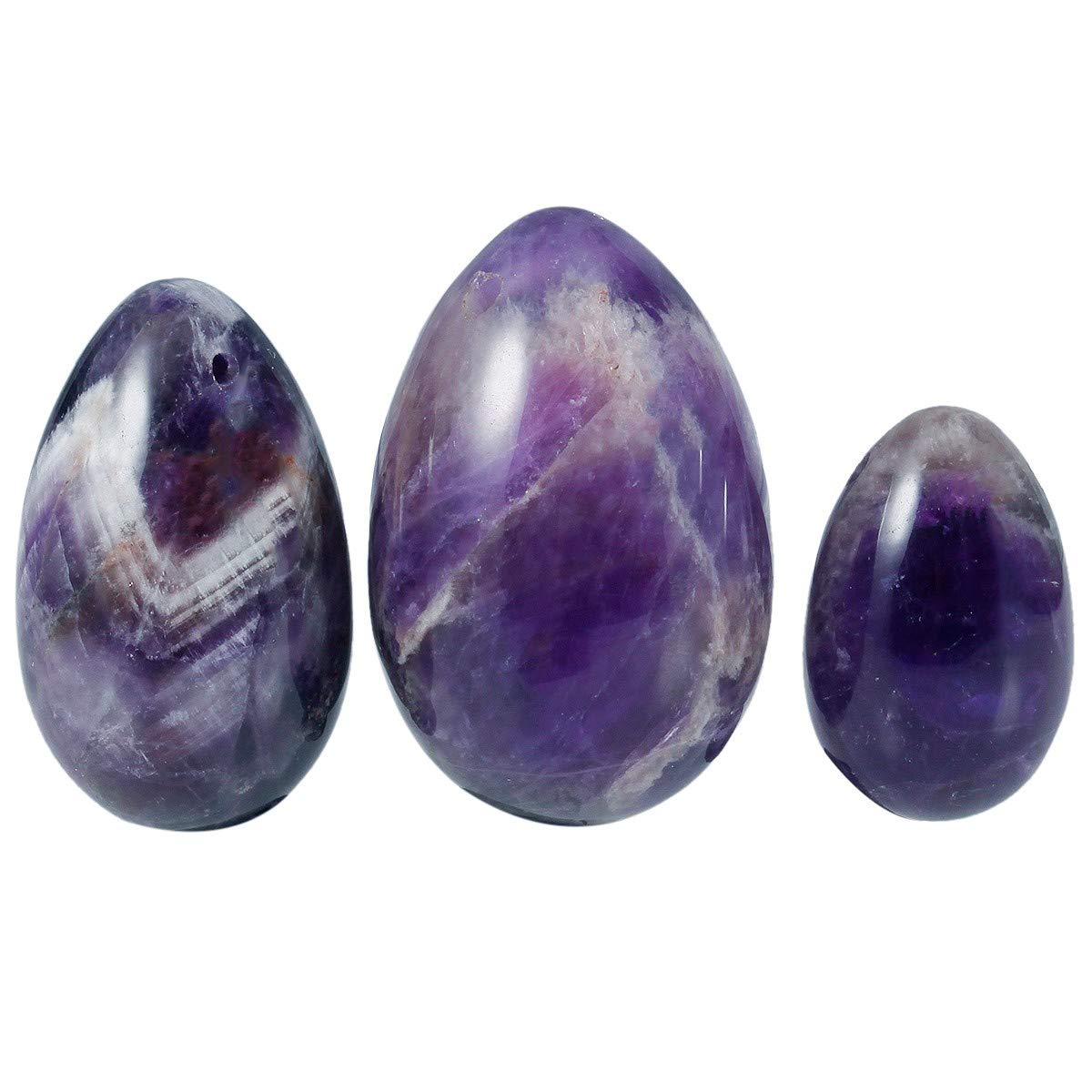 mookaitedecor Amethyst Crystal Yoni Eggs Set of 3,Drilled,with Unwaxed String,Massage Stone for Women Kegel Exercise Strengthen Pelvic Floor Muscles