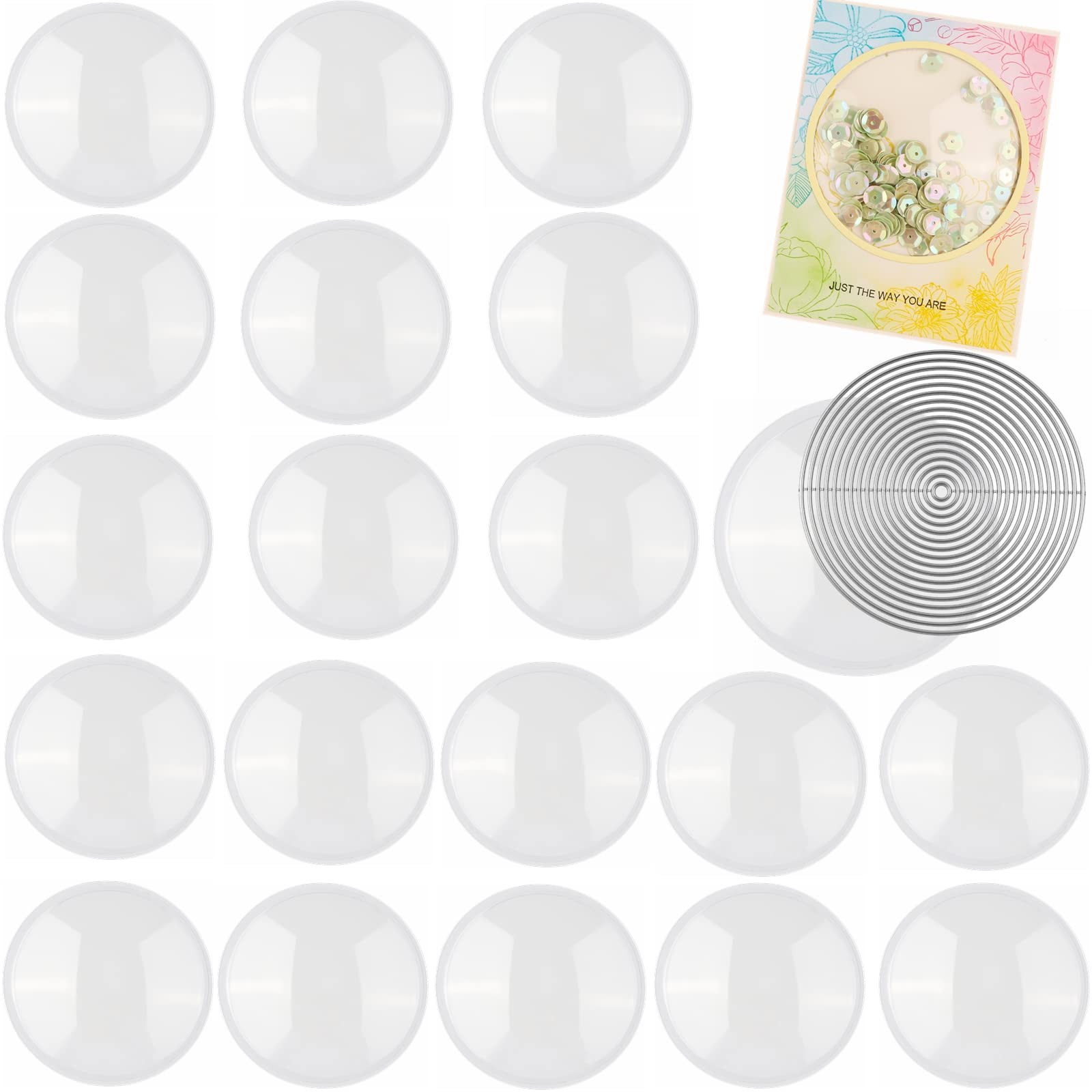 Briartw 20 PCS 4'' Round Domed Shaker Covers with Circle Nested Cutting Dies Set Low Profile Plastic Clear Shaker Pourch Covers