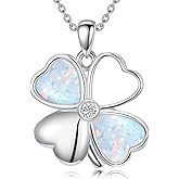 MOTIEL S925 Sterling Silver Opal with Genuine Diamond Four Leaf Clover Pendant Necklace Opal Heart Petals for Women