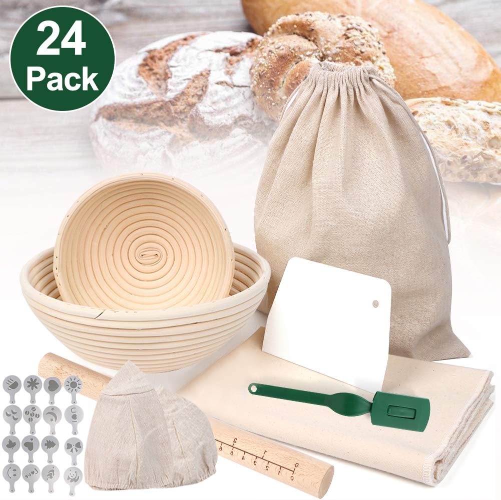 ZGoEC Round Proofing Basket Banneton Set 2PCS Proving Basket 9" and 6" with Fabric Liner, Bread Bag, Rolling pin, Scraper, Decorative Stencils (24PCS)