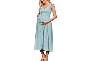 OUGES Womens Maternity Dress Scoop Neck Casual Sleeveless Button Down Pregnancy Clothes Midi Sundress with Pockets 2025