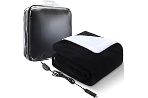 Riakrum 12v Heated Car Blanket 58" x 43" Fleece Electric Heated Blanket Portable with Temperature Controller USB Charger Car Outlet Adapter for Truck Winter Cold Weather(Black,Solid)