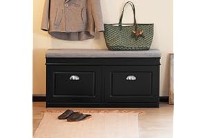 SoBuy Black Storage Shoe Bench with 2 Flip Drawers, Hidden Shoe Bench, Free Standing Shoe Rack, Shoe Cabinet, Hallway Storage Bench with Seat Cushion FSR64-SCH