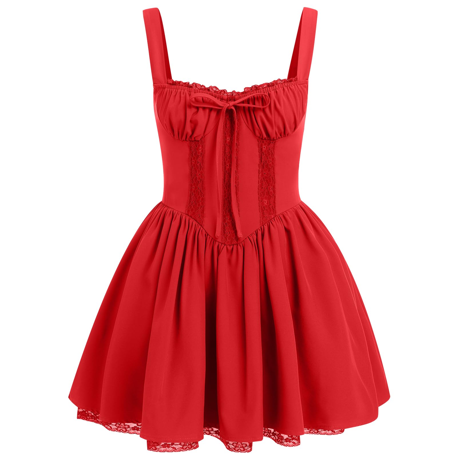Photo 1 of ABEHIK Women Summer Dresses Mini Corset Dress Sexy Spaghetti Straps Low Cut Lace Short Bustier Dress Ruffle Flowy Going Out Wedding Guest Party A Line Casual Sundress Red M