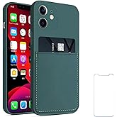 Ultra Slim Liquid Silicon Gel Case Compatible for iPhone 12 mini 5.4 inch 2020 with Card Holder Sleeves Slot Anti-Scratch Shockproof Wallet Cover with Screen Protector (Pine Green)