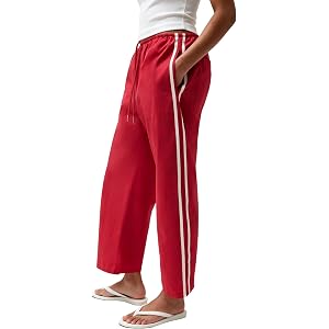 Xaspee Womens Cropped Striped Track Pants Wide Leg Drawstring Waist | Soft Cotton Track Pants, Relaxed Wide Leg Fit, And Crop