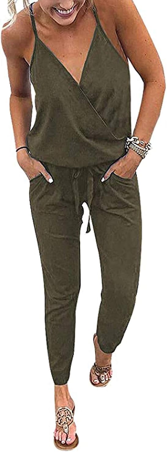 PRETTYGARDEN Women’s Sexy Deep V Neck Spaghetti Strap Drawstring Waist Jumpsuit Romper with Pockets