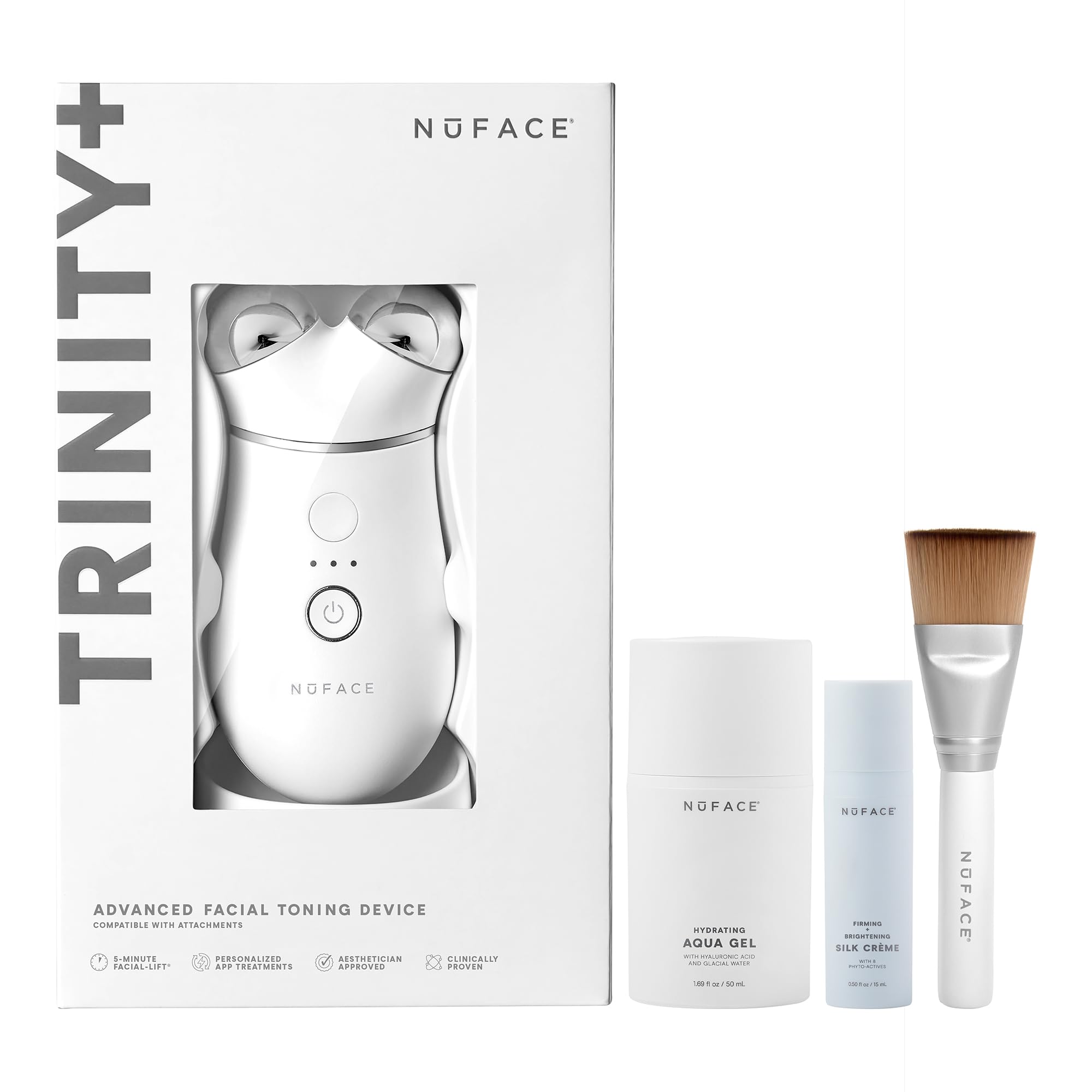 NuFACE TRINITY+ Microcurrent Facial Device Kit - FDA Cleared Face Sculpting & Neck Tightening Device to Contour Cheeks & Brows + Microcurrent Gel Activator & Silk Creme