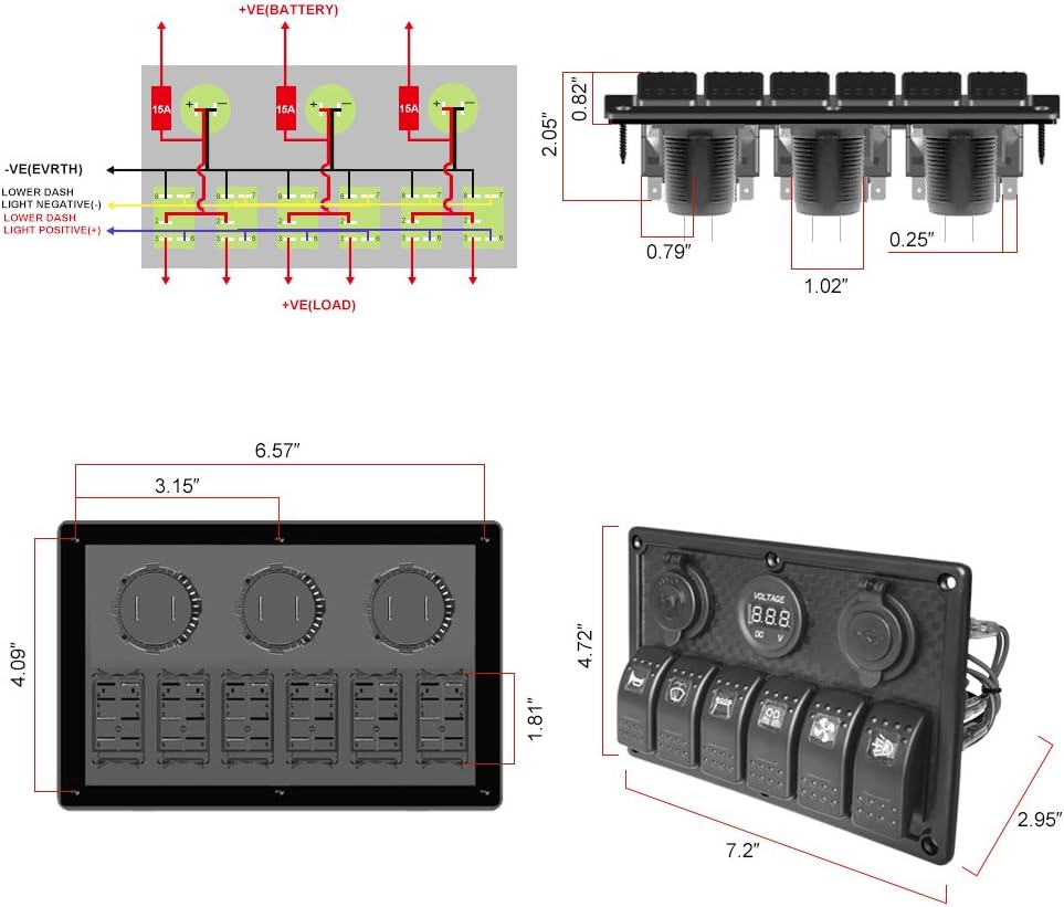 6/8 Gang 12V Rocker Switch Panel for RV Marine Car Vehicles Truck Boat Waterproof, Digital Voltmeter Display Dual USB Charger Port DC 12V Socket 12/24V Red/Blue/Orange Lighted Switches with 15A Fuse : Sports & Outdoors