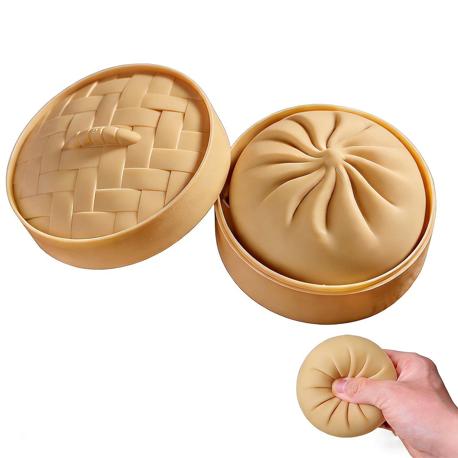 Giant Glitter Dumpling, Giant Dumpling Squishy Stress Relief Fidget, Jumbo Bao Bun Slow Rising Squeeze Decompression Item with Steamer Box for Adults (Beige)
