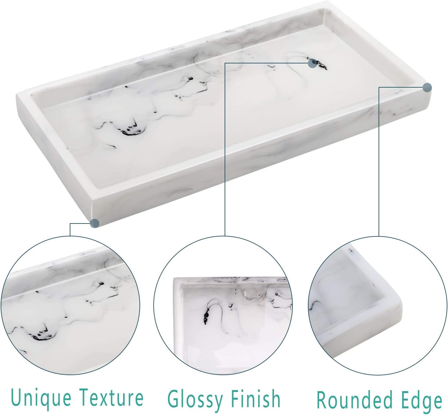 Emibele Jewelry Organizer Resin Tray, Bathroom Kitchen Dresser Vanity Tray Jewelry Dish Ring Cosmetic Organizer for Candle Perfume Soap Shampoo Small Plant Home Decor, Mini Size - Marble White: Home & Kitchen