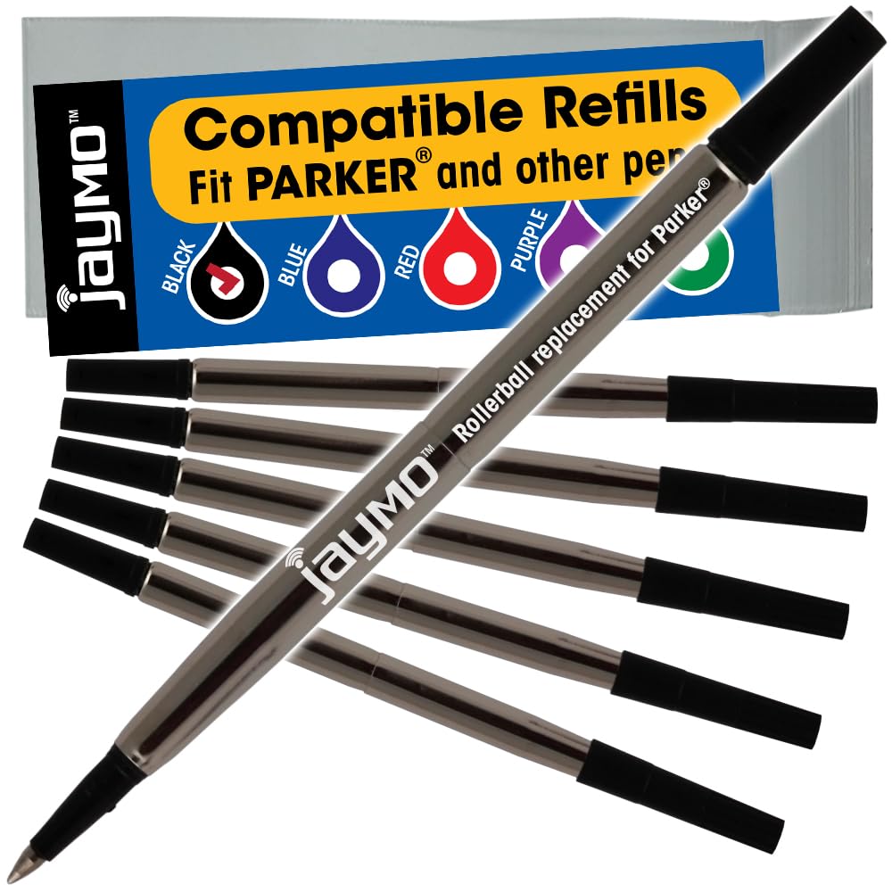 Jaymo Replacement for Parker Quink 1950323 - Measures 4.56 in / 116 mm Long - Rollerball Pen Refill - 6 Black