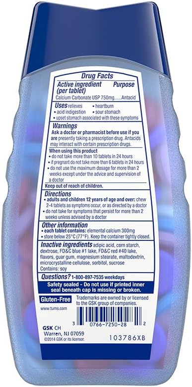 TUMS Smoothies Extra Strength Antacid Tablets for Chewable Heartburn Relief and Acid Indigestion Relief, Berry Fusion - 60 Count: Health & Personal Care