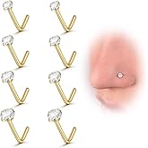 Holfeun 8Pcs 20G Hypoallergenic 316L Surgical Steel Nose Studs for Women Men L Shape Nose Rings Piercing Jewelry 1.5mm 2mm 2.5mm 3mm CZ Nose Studs for Initial Piercings