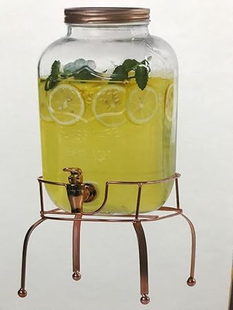 famacart Airtight Glass Transparent Mason Jar Beverage Dispenser Gold Stand, 5 L (5.5 Quart, Clear)